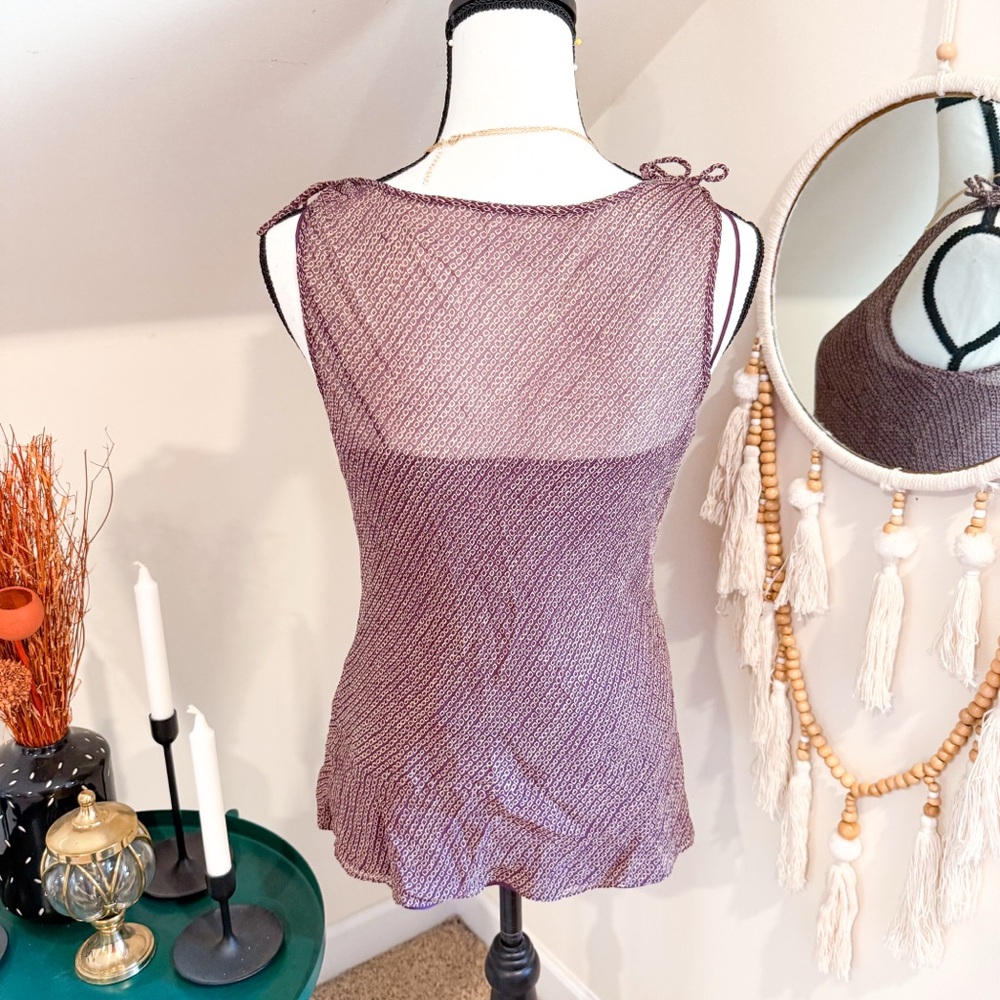 Ann Taylor Silk Purple Patterned Sleeveless Tank Top w/ Shoulder Ties - Picture 4 of 6